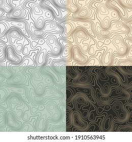 Topography patterns. Seamless elevation map tiles. Artistic isoline background. Creative tileable patterns. Vector illustration.