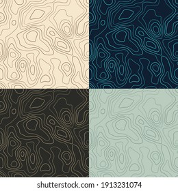 Topography patterns. Seamless elevation map tiles. Appealing isoline background. Awesome tileable patterns. Vector illustration.