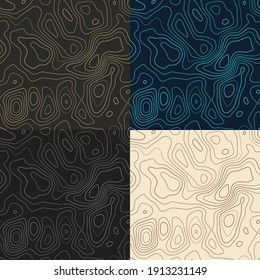 Topography patterns. Seamless elevation map tiles. Amazing isoline background. Modern tileable patterns. Vector illustration.