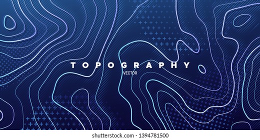 Topography relief. Abstract memphis background. Vector minimal illustration. Outline cartography landscape. Modern poster design. Trendy cover with wavy colorful lines