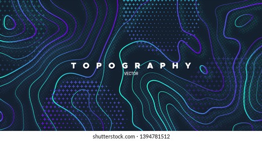 Topography relief. Abstract memphis background. Vector minimal illustration. Liquid gardients. Outline cartography landscape. Modern poster design. Trendy cover with wavy colorful lines