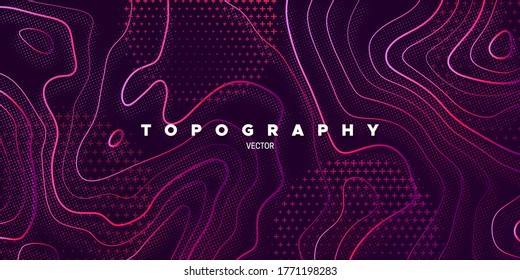 Topography relief. Abstract memphis background. Vector minimal illustration. Liquid gradients. Outline cartography landscape. Modern poster design. Trendy cover with wavy colorful lines