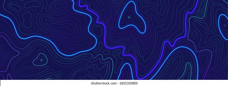 Topography relief contouring line  Geographic outlines  elevation map ocean floor surface and cross signs  Modern landscape liquid gradient  radar readings  Vector cartography texture illustration