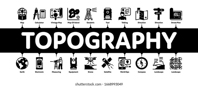 Topography Research Minimal Infographic Web Banner Vector. Topography Equipment And Device, Compass And Calculator, Satellite And Phone, Drone Illustrations