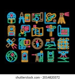 Topography Research neon light sign vector. Glowing bright icon  Topography Equipment And Device, Compass And Calculator, Satellite And Phone, Drone Illustrations