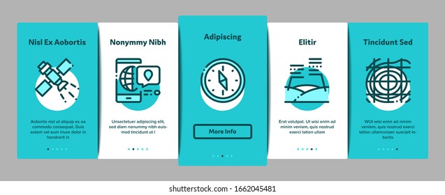 Topography Research Onboarding Mobile App Page Screen Vector. Topography Equipment And Device, Compass And Calculator, Satellite And Phone, Drone Concept Linear Pictograms. Color Contour Illustrations