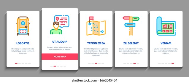 Topography Research Onboarding Mobile App Page Screen Vector. Topography Equipment And Device, Compass And Calculator, Satellite And Phone, Drone Concept Linear Pictograms. Color Contour Illustrations