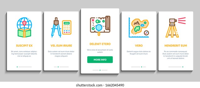 Topography Research Onboarding Mobile App Page Screen Vector. Topography Equipment And Device, Compass And Calculator, Satellite And Phone, Drone Concept Linear Pictograms. Color Contour Illustrations