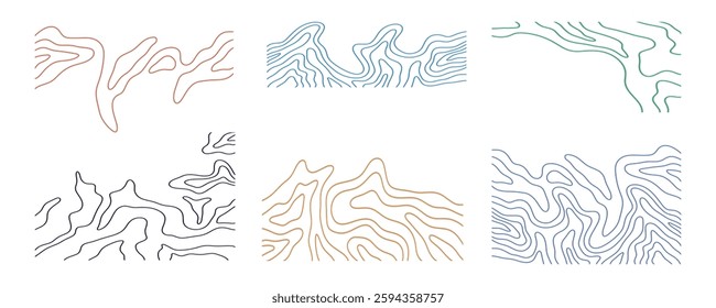 Topography shapes background collection. Abstract wavy lines pattern design elements set. Topographic contour map texture. Stylized geographic landscape backdrop vector illustration