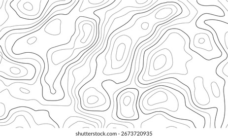 Padrão vetorial de topografia com texturas de terreno abstrato, linhas curvas de contorno de elevação e design de relevo branco sem costura para mapas científicos, mapas de caminhadas, ilustrações de aventura ao ar livre, paisagem 
