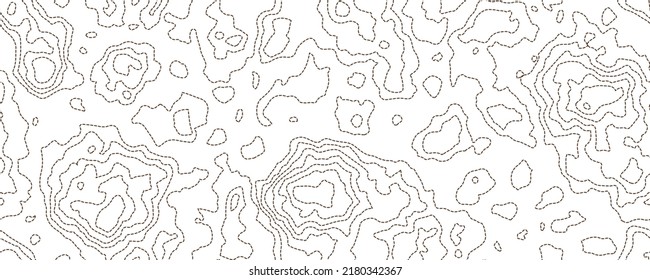 Topography White Map Seamless Pattern With Dotted And Solid Lines. Abstract Topographic Curves. Repeat Geometric Background. Outline Topology Land Or Underwater Relief Texture. Vector Illustration.