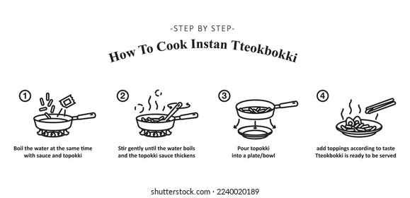 Topokki (Tteokbokki) Korean rice cake. Vector illustration of making instant topokk, step by step how to cooking instant topokki. Vector illustration.