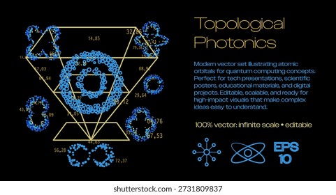 Conceptos de fotónica topológica con orbitales atómicos punteados, estructuras poliédricas geométricas, números y Formas cuánticas sobre fondo negro. Ilustración vectorial conceptual para fotónica topológica, computación cuántica, fotónica avanzada y temas de visualización científica.