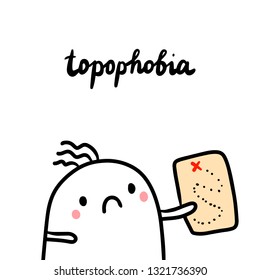 Topophobia hand drawn illustration with cute marshmallow holding map cartoon minimalism