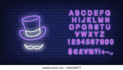 Topper hat and moustache neon sign. Gentleman concept design. Night bright neon sign, colorful billboard, light banner. Vector illustration in neon style.