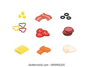 Toppings olive salami tomato vegetables vector illustration isolated on white background