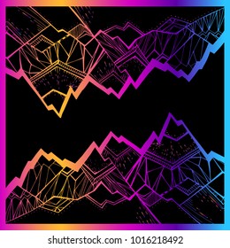 Tops, mountain slopes, mountain landscape, hilly terrain. Pattern. Stylish vector illustration. The shining mountains. Art. Nature. Composition. Northern lights. Arctic. North. Nordic.  