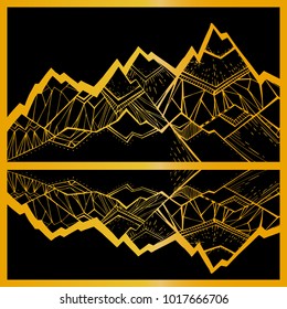 Tops, mountain slopes, mountain landscape, hilly terrain. Pattern for coloring or background. Stylish vector illustration, monochrome. A linear pattern for design. Art. Nature. Composition. Golden.
