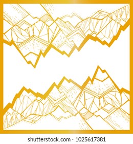 Tops, mountain slopes, mountain landscape, hilly terrain. Pattern for coloring or background. Stylish vector illustration, monochrome. A linear pattern for design. Art. Nature. Composition. Golden.
