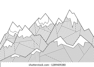 Tops, mountain slopes, mountain landscape, hilly terrain. Pattern for coloring or background. Stylish vector illustration, monochrome. A linear pattern for design. Art. Nature.