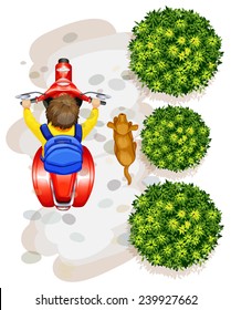 A topview of a boy riding a motorcyle on a white background