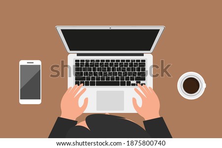 topview bussiness man with smart phone and notebook flat design
