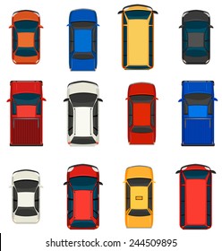 A topview of a group of vehicles on a white background