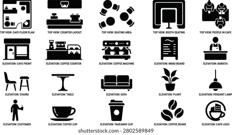 Top-view icons representing various seating arrangements and social interactions in cafes, parks, and public spaces. Includes conversations, relaxation, meetings, and group activities, illustrating urban and outdoor social dynamics.