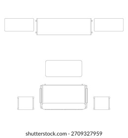 Un diseño de vista superior de un conjunto completo de sala de estar con un sofá central de 2 plazas frente a una larga mesa de centro rectangular. Detrás del sofá hay un amplio mueble de TV con puertas dobles.