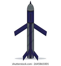 Vetor de míssil de visão superior em azul escuro e cinza, ideal para jogos de guerra, recursos militares, visuais de combate, simulações de defesa estratégica e ilustrações com tema aeroespacial.