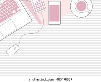 Topview of office desktop with coffee cup, calculator, smartphone and laptop.vector EPS10
