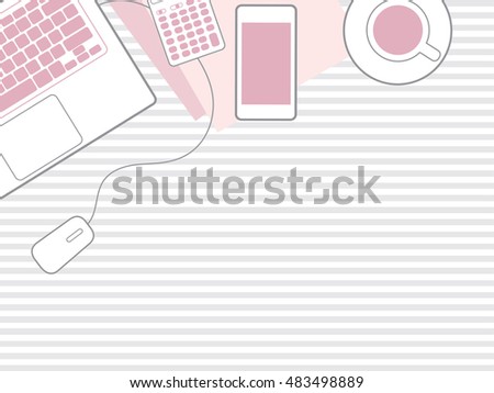 Topview of office desktop with coffee cup, calculator, smartphone and laptop.vector EPS10