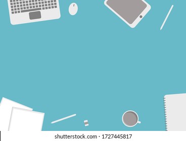 Topview On Blue Desk. Around There Are Notebooks, Tablete, Pens, Pencils, Erasers, Coffee Mugs, Paper, Books. There Is Free Space In The Middle. For Adding Text Or Other Images. Vector Illustration.