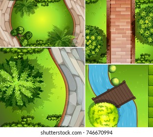 Topview of park with roads and canal illustration