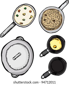Top-view of pots and pans with food isolated over white