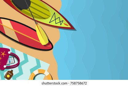 Topview of the sea side with canoe, surfboar, beach towel, red tote bag, mobile phone, sun lotion and life ring for summer tropical relaxing vacation