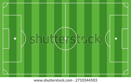 Top-view soccer field vector illustration with striped grass and white lines. Perfect for sports graphics, tactics diagrams, coaching materials, apps, infographics, and football design projects.
