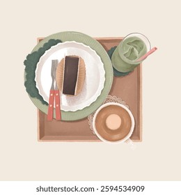 Top-view soft and cozy illustration of coffee, green tea, cake and dessert set, vector illustration