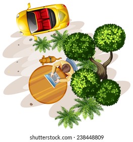 A topview of a table with a man, a tree and a vehicle on a white background