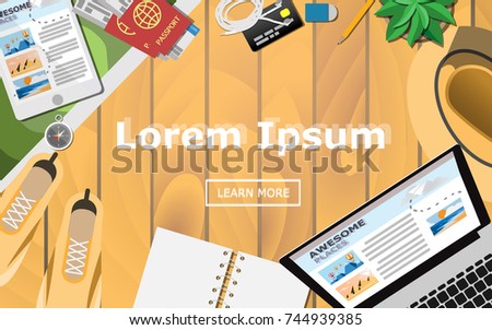 Topview Travelers Wooden Desk Plan Trip Stock Vector Royalty Free