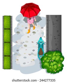 A topview of a woman with an umbrella on a white background