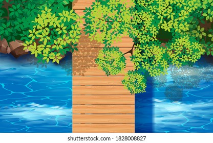 topview wooden bridge on the river in the forest