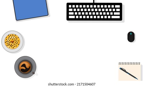 Topview work space keyboard, tablet,coffee cup, decorative notebook, pen,mouse, aand dessert donut for banner or template and background copy space 