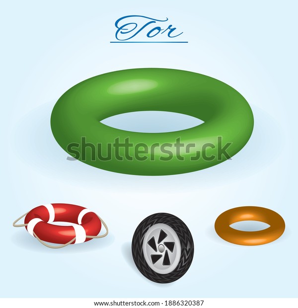 Tor. Image of\
volumetric geometrical figure with examples of such objects form.\
Vector illustration