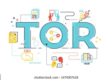 TOR (Term of Reference) word lettering illustration with icons for web banner, flyer, landing page, presentation, book cover, article, etc.