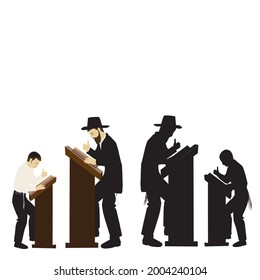 "Torah"- Bible study, clipart drawing of a father and son. Ultra Orthodox Jewish figures, observant, rely on "Shtenders". They swing their thumbs while learning from the big books. silhouette 