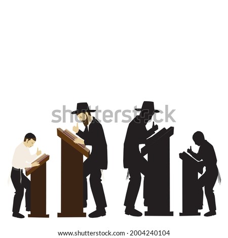 'Torah'- Bible study, clipart drawing of a father and son. Ultra Orthodox Jewish figures, observant, rely on 'Shtenders'. They swing their thumbs while learning from the big books. silhouette  Foto d'archivio © 
