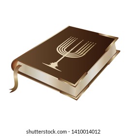  Torah - a book decorated with Minor with nine candles - gold - isolated on white background - vector. Hanukkah. Religion. Tradition.