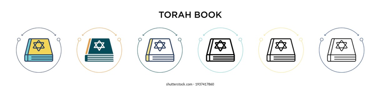 Torah book icon in filled, thin line, outline and stroke style. Vector illustration of two colored and black torah book vector icons designs can be used for mobile, ui, web