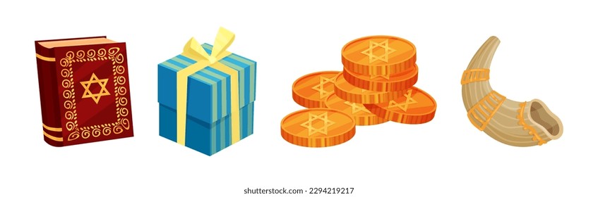 Torah, Gift Box, Coins and Horn as Hanukkah Symbols for Jewish Holiday Celebration Vector Set